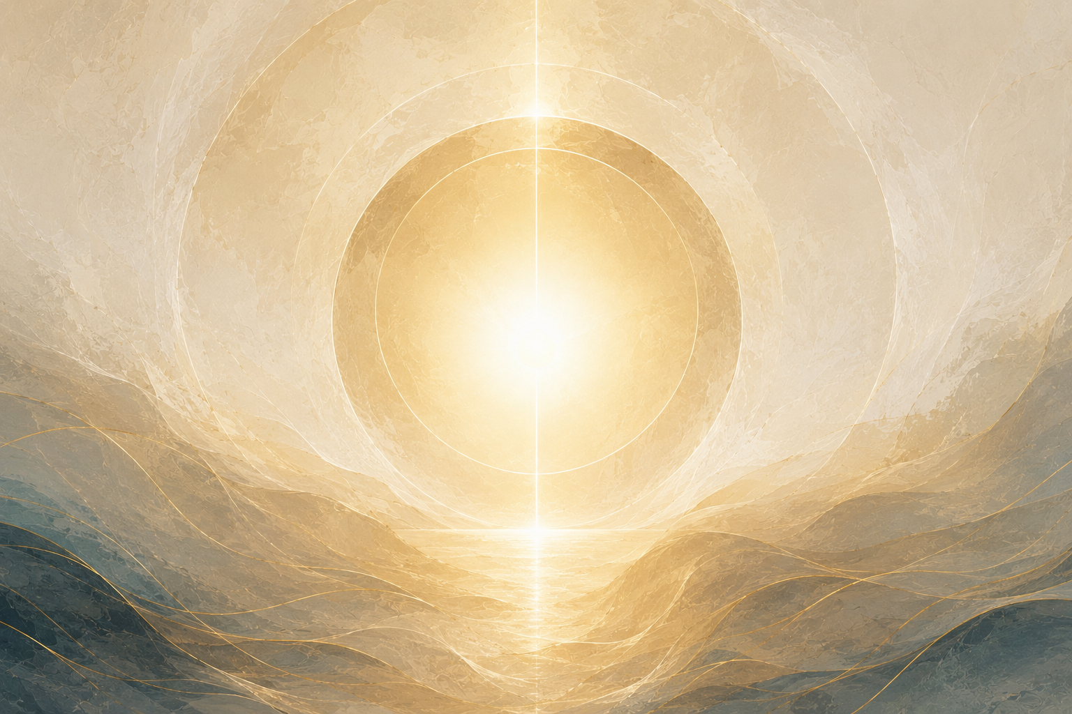 Ilustracao abstrata com sol, caminhos, montanhas e luzes convergindo para um centro comum.